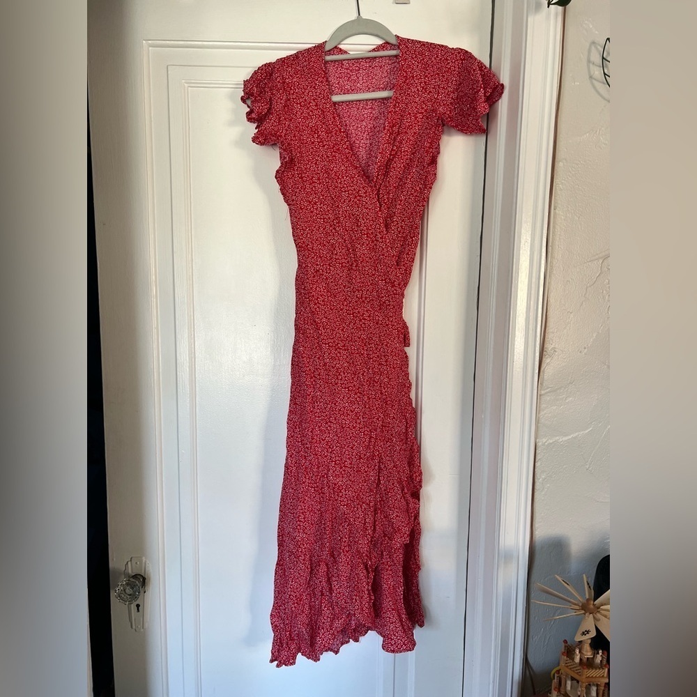 Red Floral Wrap Midi Dress Cottagecore Ruffle Sleeve Summer Size L/ M - Picture 9 of 10